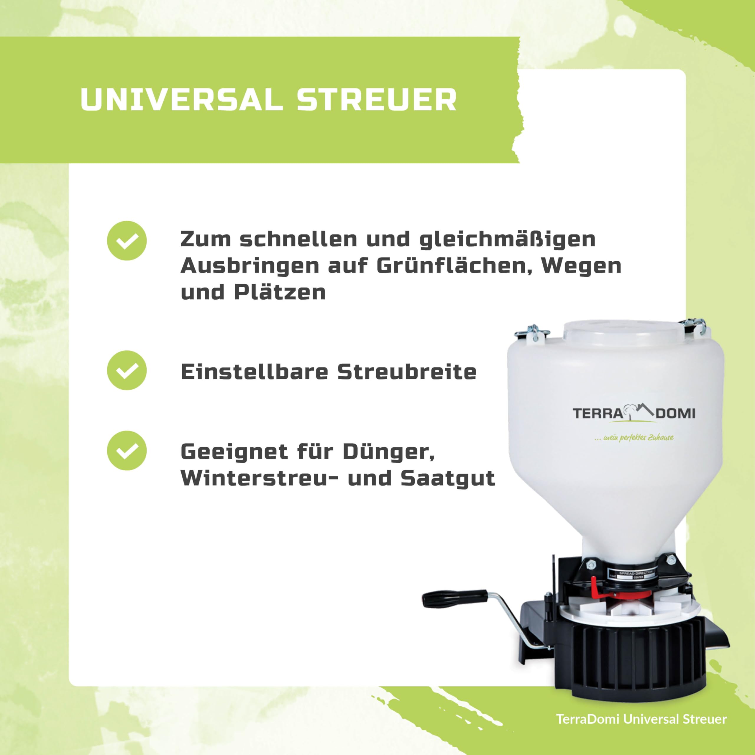 TerraDomi Universal Streuer | Manuelles Streugerät für Dünger, Saatgut & Streusalz | Handstreuer für Garten & Winterdienst | 9L Behälter | Ergonomisch & leicht | Ideale gleichmäßige Verteilung