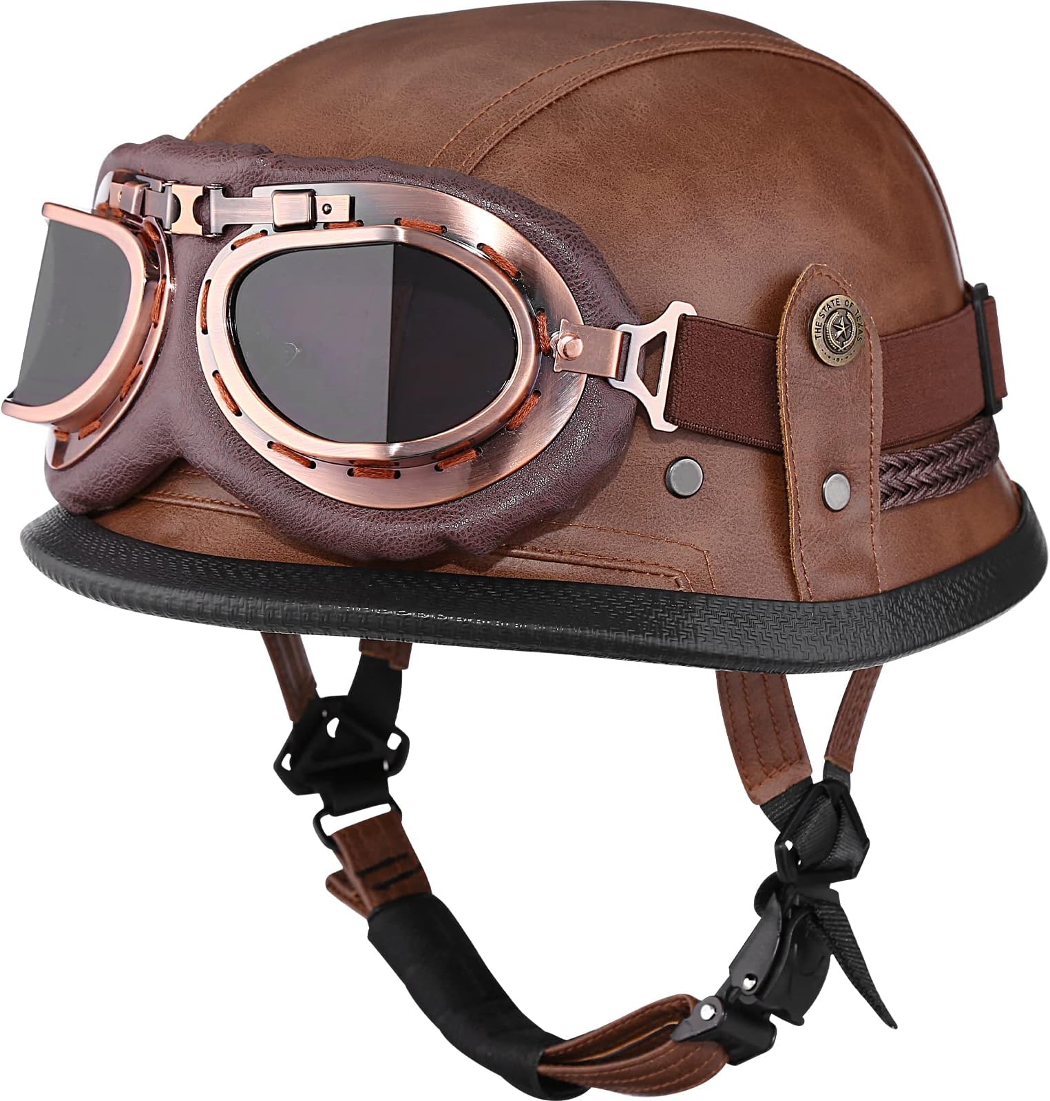 Motorcycle Half Helmet Retro German Handmade Leather Half Face Quick Release Buckle & Goggles - DOT Approved (Dark Brown, XL)