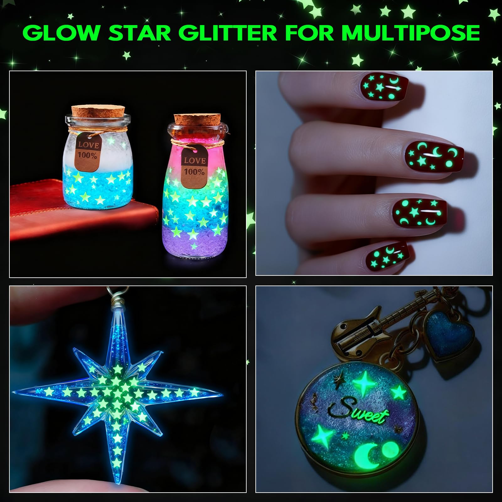 Matio Glitter, leuchtet im Dunkeln, 15 g, sternförmig, 3 mm