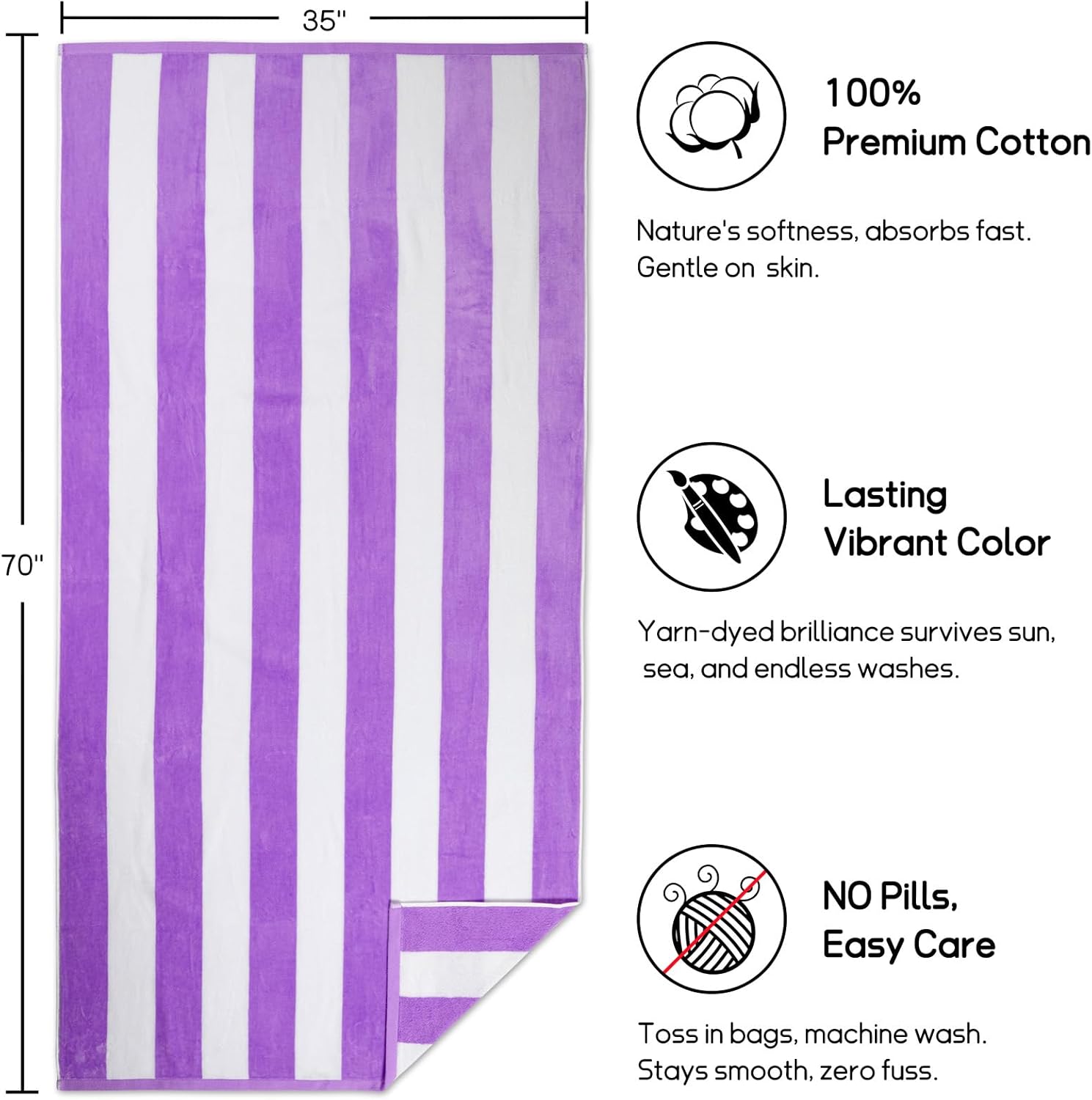 cabanana Large Oversized Beach Towel - 35 x 70 Inch Cotton Pool Towel, Purple Striped Soft Cabana Swim Towel - Image 4