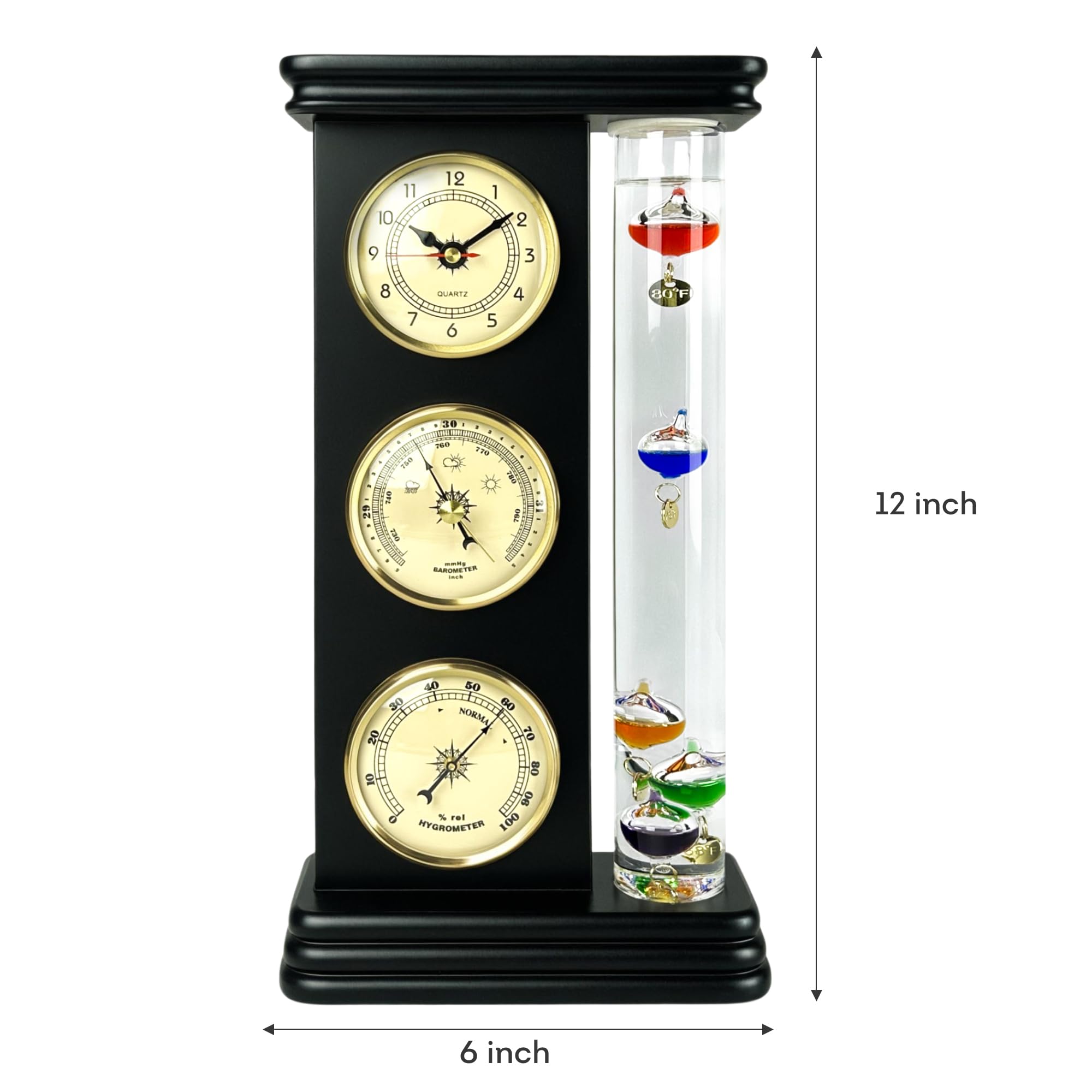 Lily's Home Analoge Wetterstation mit Galileo-Thermometer, Präzisions-Quarzuhr und analogem Barometer und Hygrometer, 5 mehrfarbige Kugeln (L x B x H): 15,2 x 5,1 x 30,5 cm, Mattschwarz