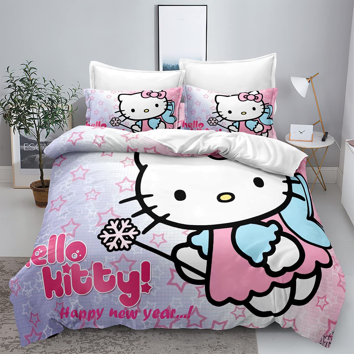 3 Piece Cat Hello Bedding Duvet Cover Sets,Cartoon Kitty Comforter Quilt Cover with 1 Quilt Cover 2 Pillow Shams for Kids Children Adults Teen