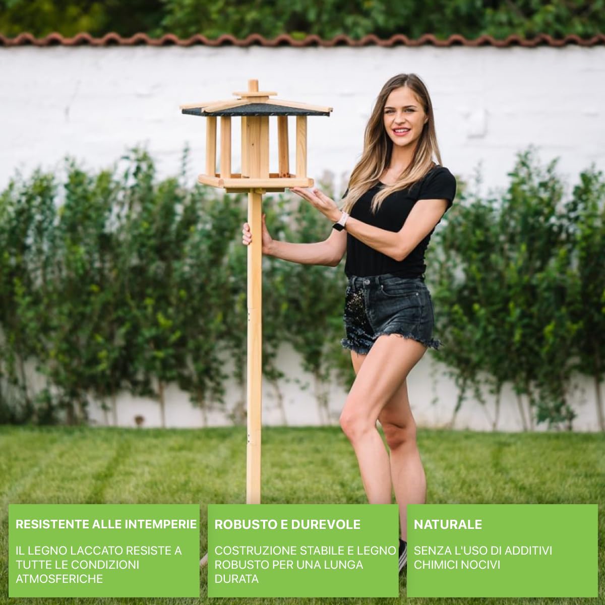 ITA Casa per Uccelli Selvatici 43x43x35 cm in Legno - Casetta per Uccelli - Distributore di Cibo per Uccelli Selvatici - Resistente alle Intemperie, Stabile, Robusta