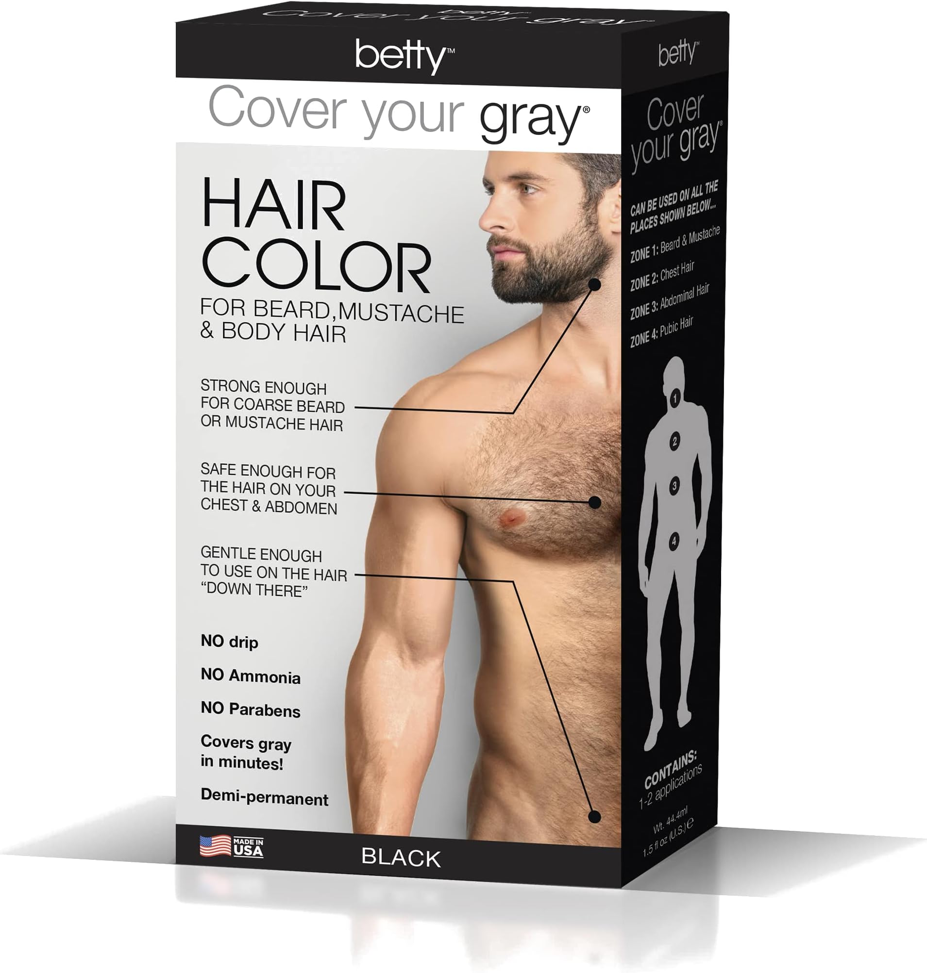 Betty Cover Your Gray Mens Hair Color for Beard, Mustache & Body Hair - Black