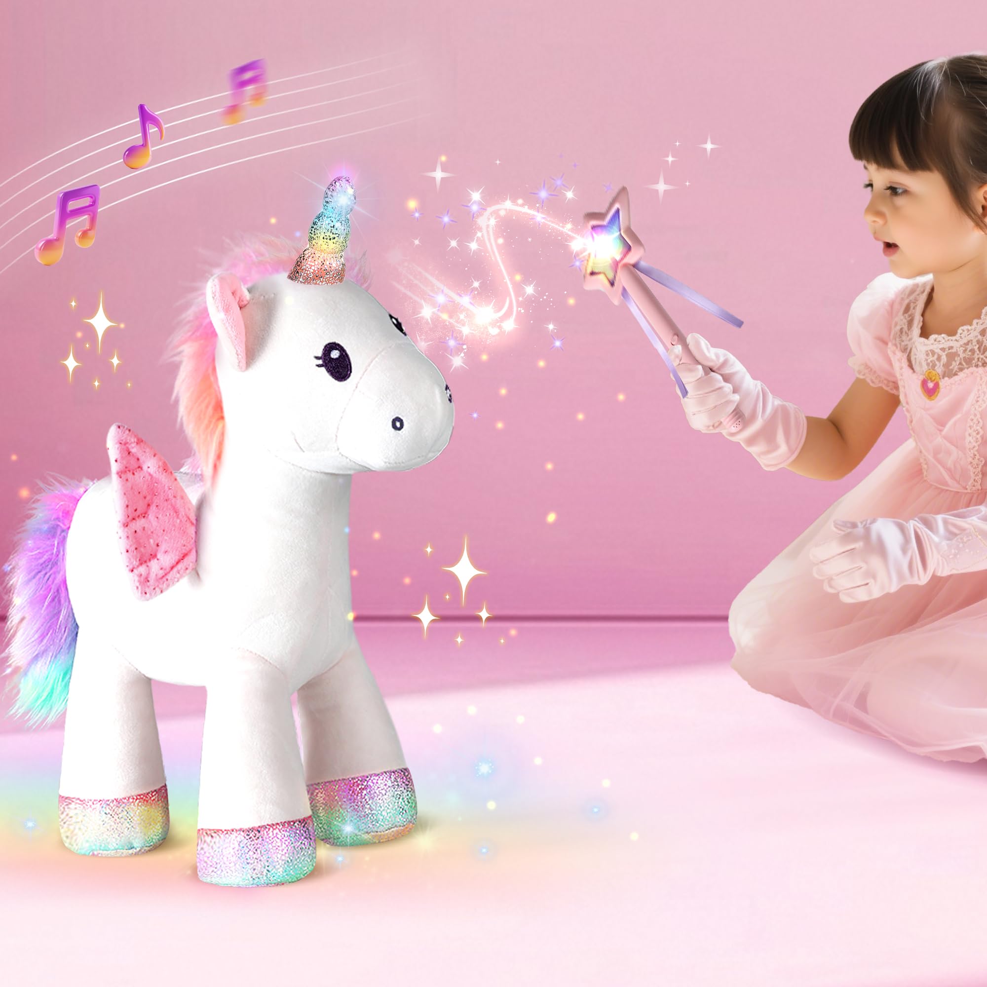 iPlay, iLearn Plush Magic Unicorn Toy W/Remote Control Fairy Magical Wand, Girl Music Unicorn Stuffed Animal W/LED Light Sound, Interactive Birthday Gift 18 24 Month Baby Toddler 2 3 4 5 6 7 Year Kid
