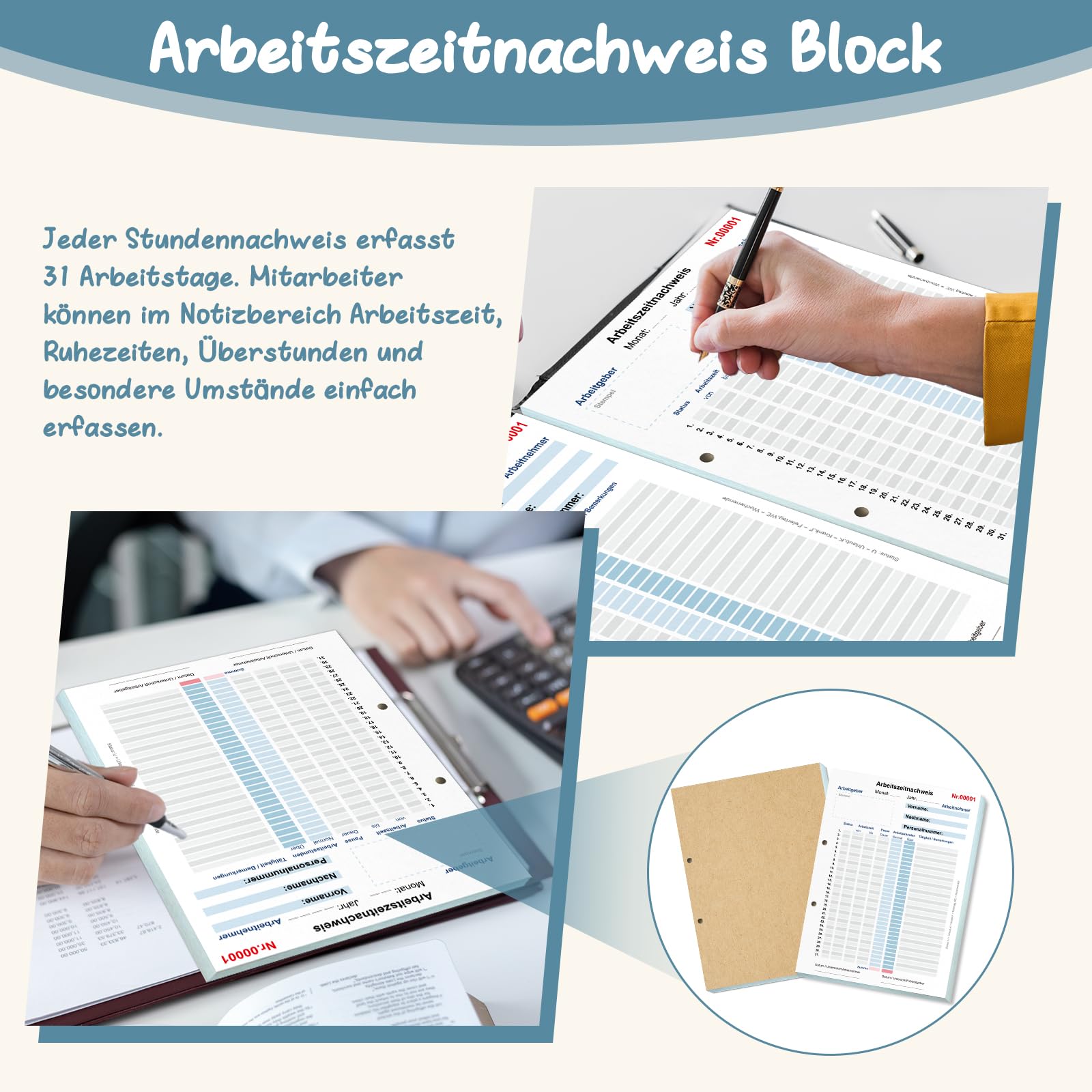 5 Bücher Stundenbuch für Arbeit A4 Arbeitszeitnachweis Block für 31 Tage Stundennachweis Monatliche mit Rückenpappe Arbeitszeiterfassung Buch Stundenzettel für Minijob Vollzeit 2x50 Blatt Weiß Gelb