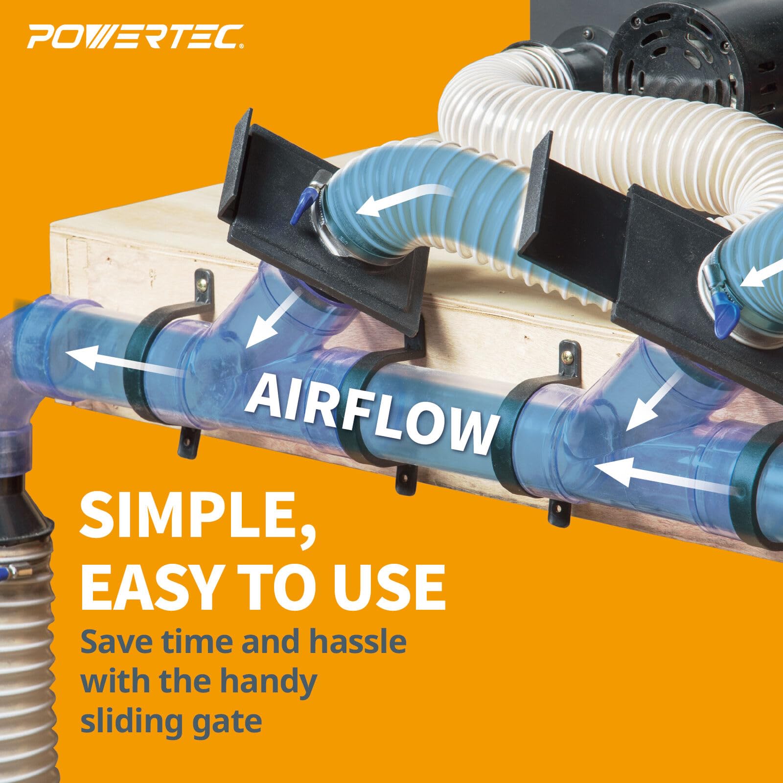 POWERTEC 70433 - Abrazaderas de acero flexibles de control de puerta de explosión de 2-1/2 pulgadas, accesorio de colección con conector de manguito de goma para carpintería, accesorios y maquinaria