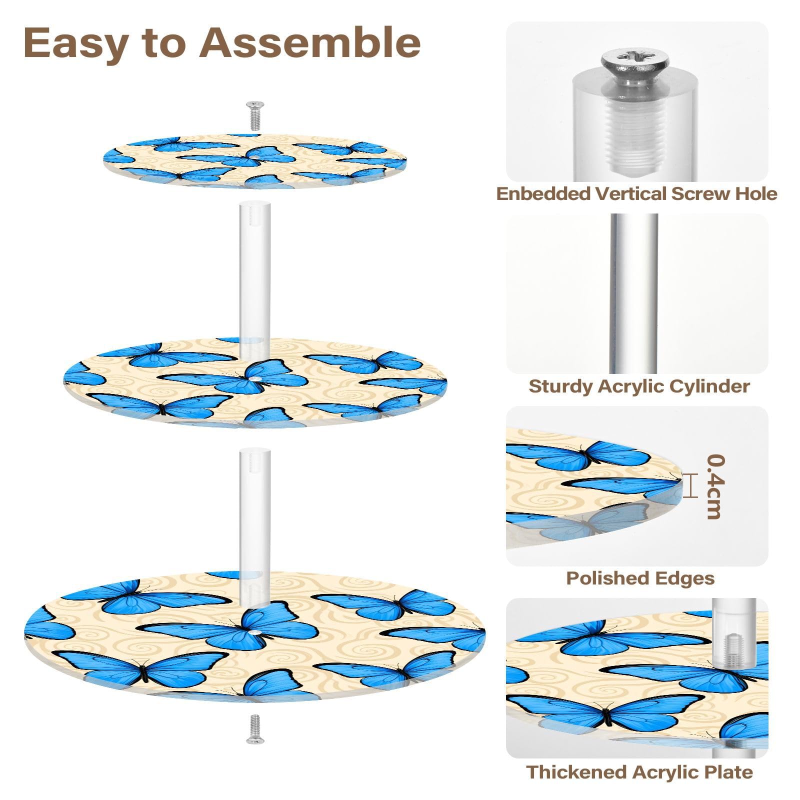 Nander 3 Tier Cupcake Stand,Blue Butterfly Large Cupcake Tower Display, Round Cupcake Holder, Acrylic Dessert Stand, Pastry Display Tree for Party, Wedding, Baby Shower