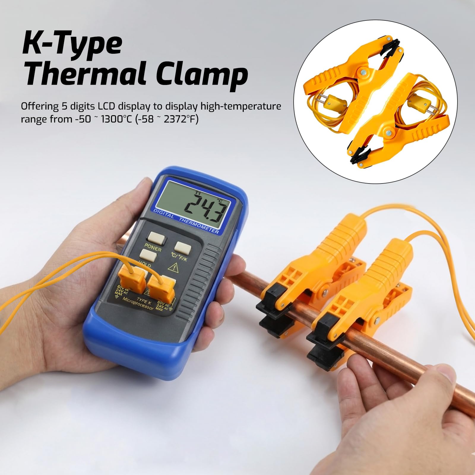 Thermomètre Numérique de type K Thermomètre à Thermocouple à Double Canal avec 2 Thermocouples et 2 Pinces Thermométriques, Plage de Mesure : -50 à 1300 °C (-58 à 2372 °F), Mesure à Haute Température