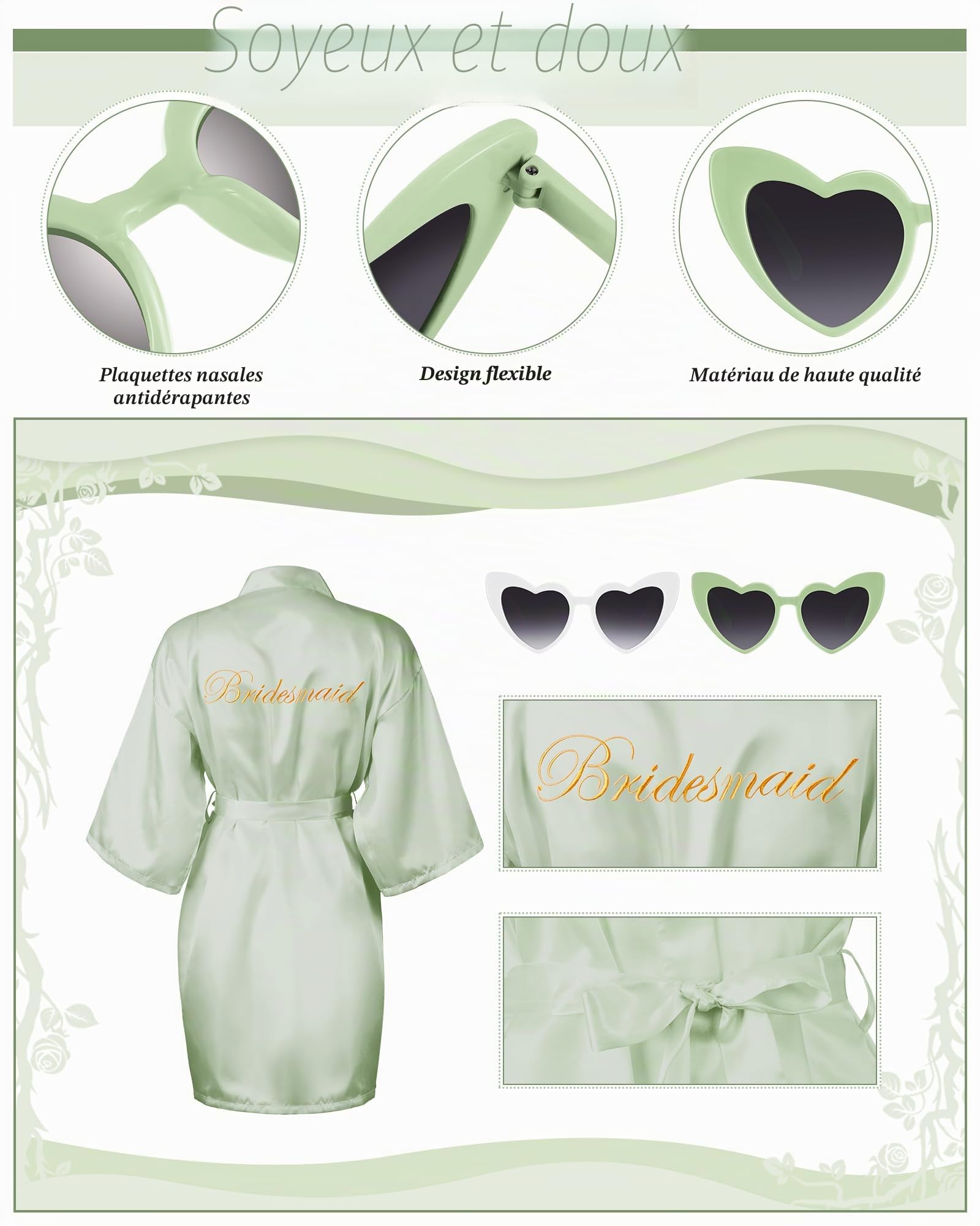 Xuhal Lot de 7 peignoirs de mariée et de demoiselle d'honneur en satin avec lunettes de soleil en forme de cœur