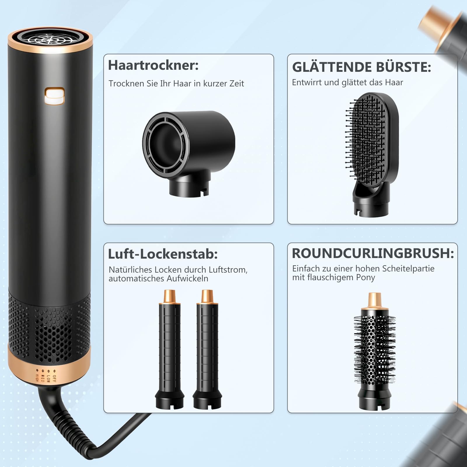 Asciugacapelli 5 in 1, Spazzola Soffiante Airstyler set, Hairstyler 5 in 1 Multifunzione Phon Capelli Auto Riccioli Ferro, Phon con 3 Temperatures Styling Liscio, Onde, Ricci, Strumenti Capelli