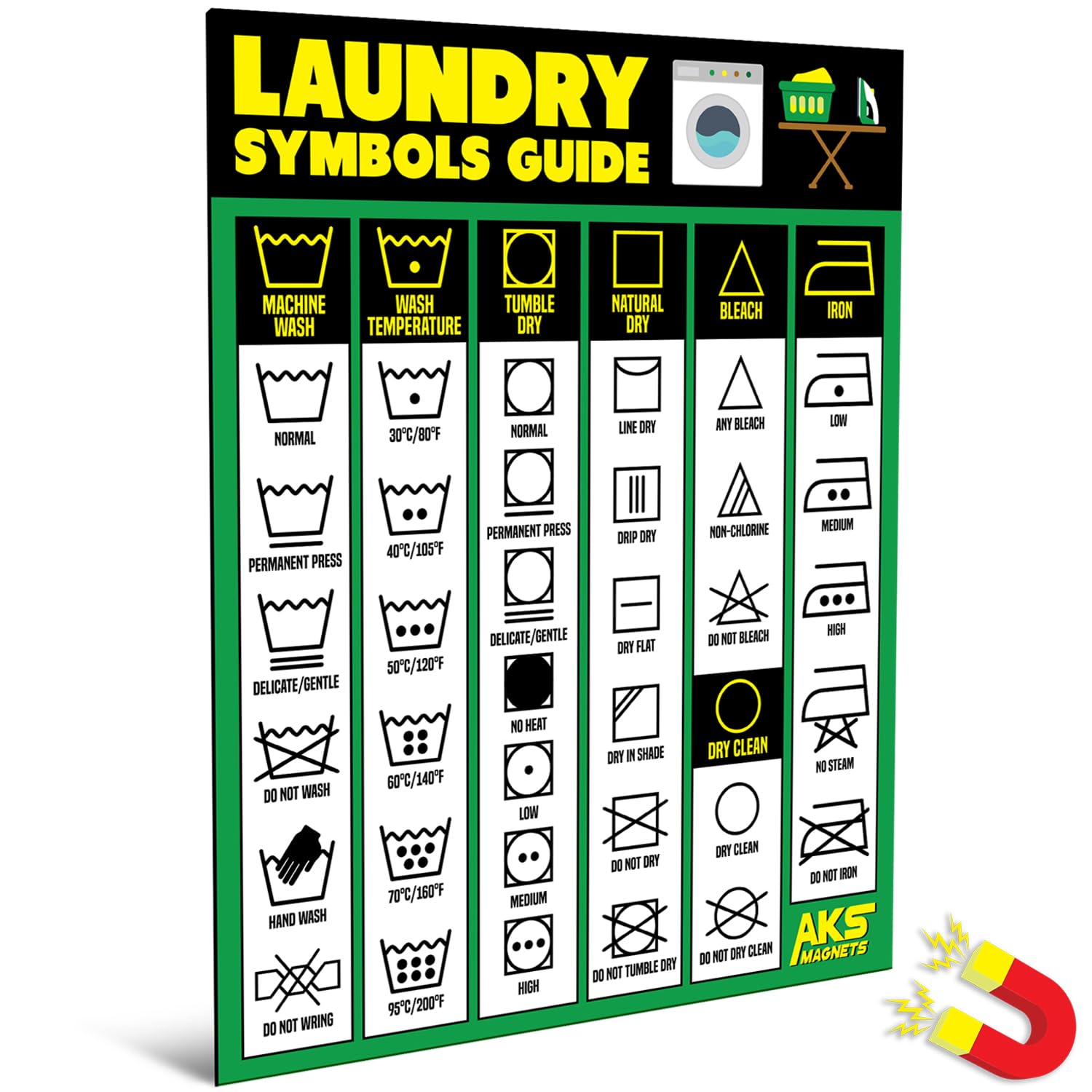 Laundry Symbols Guide Magnet - Extra Large Easy to Read 8.5” x 11” Clothing Care Instruction Cheat Sheet – Washing, Drying, Ironing & Bleaching Accessory - Functional Modern Laundry Room Art Decor