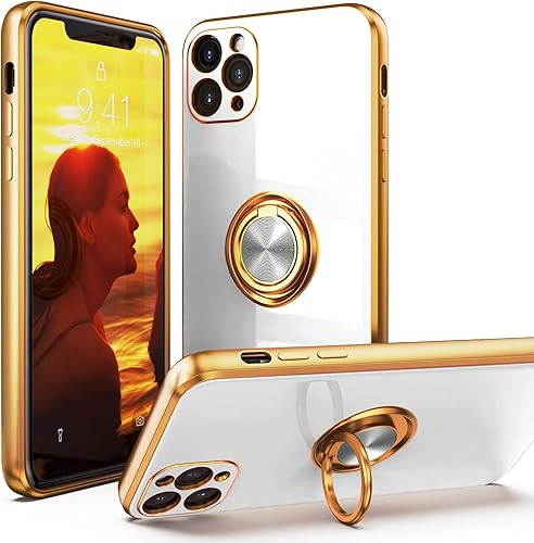 Miniatura 8 de IDweel Funda para iPhone 11 con soporte de anillo de 360 con soporte magnético, ligera, delgada, borde de oro rosa, TPU suave, protección de cámara,