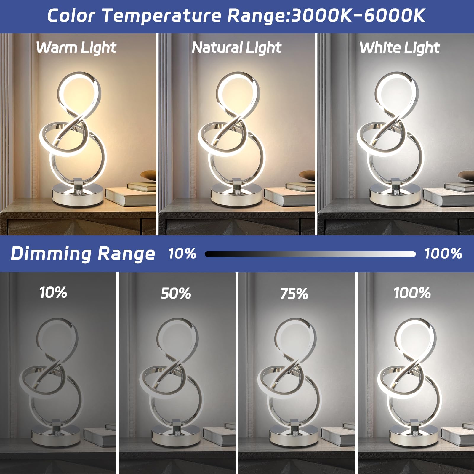Lámpara de noche LED, 10 W, lámpara de mesa moderna, 3 temperaturas de color, control táctil, intensidad regulable continua, con puertos USB, para dormitorio, salón u oficina (plata)