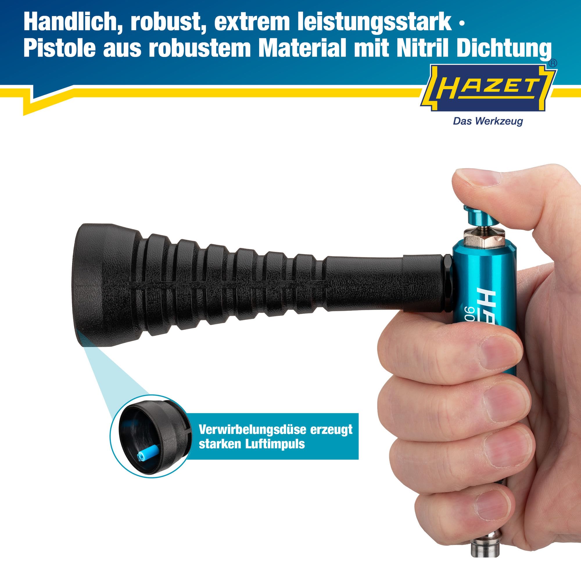 HAZET Turbo Druckluftpistole 9040T-1, Verwirbelungsdüse erzeugt starken Luftimpuls, 6 Bar Betriebsdruck mit ergonomischem Handgriff, für ein schnelles Entfernen von Staub, Spänen usw.