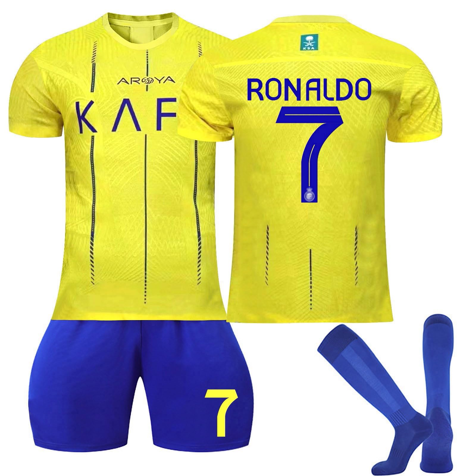 FTRGHNY Camisetas de Futbol Niño y Adulto #7, 2024 Al Nassr Equipacion Futbol Niño Entrenamiento Chandal Futbol Camisetas Fútbol Conjuntos Deportivos para Niño, Pantalones Cortos Calcetines Rodillera