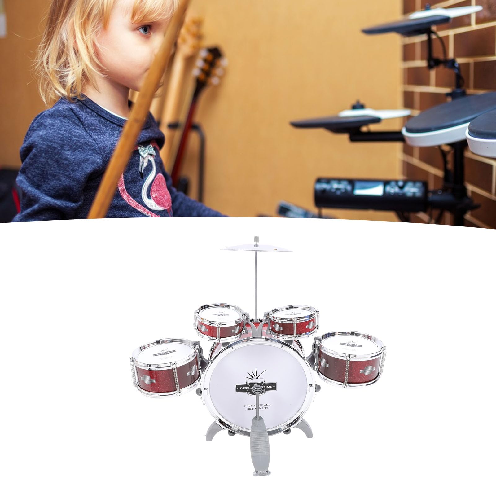 Generic Set di Batteria Jazz per Bambini, Strumento Musicale Stimolante, Giocattolo per Bambini, Materiale ABS per L'interazione di Piccoli e Genitori, 5 Tamburi per Interessi di Apprendimento