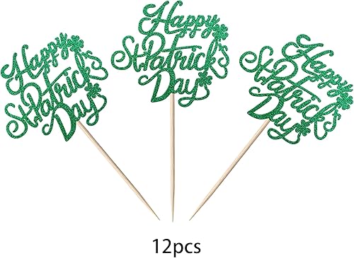 Miniatura 3 de Paquete de 24 decoraciones para cupcakes del Día de San Patricio, trébol de cuatro hojas con purpurina verde, bandera irlandesa, decoración para