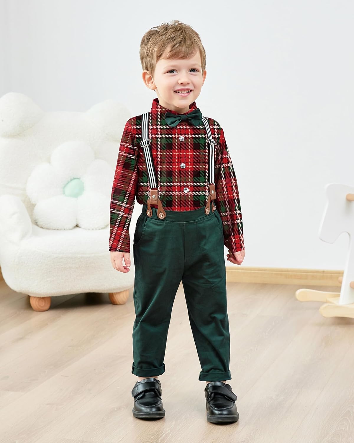 CARETOO Toddler Boy Clothes Suit Gentleman Wedding Outfits Kids Formal Dress Shirt Bowtie Long Suspender Pants Overalls 1-5T - Image 6