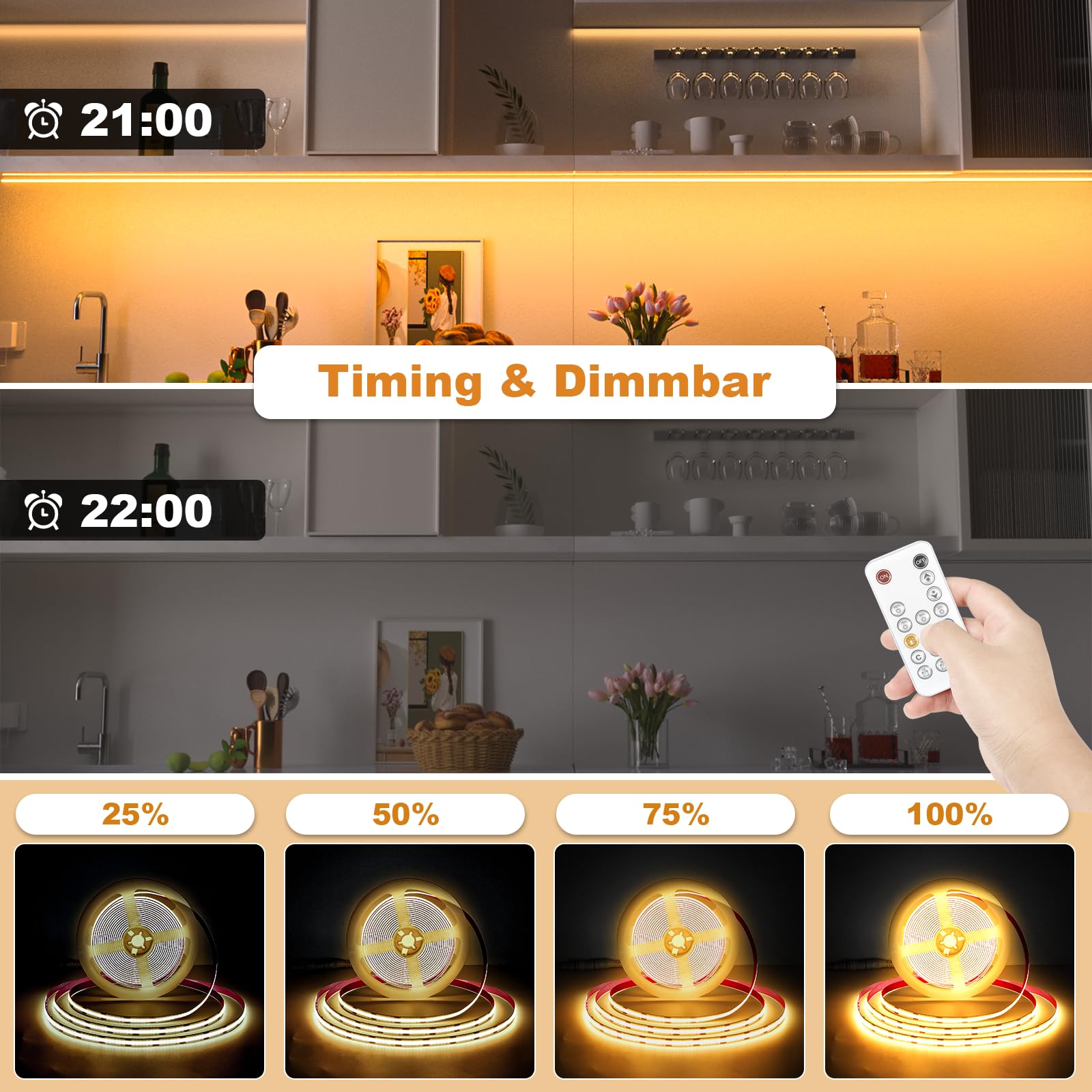 WOBSION Striscia LED Cucina COB 5 Metri Dimmerabile con RF Telecomando,Bianco Caldo Strisce Kit 3000K per Festa,la Casa,Bar,Camera e Armadio,24V GS Alimentatore Luminoso Luci da 320LEDs/M,CRI90+