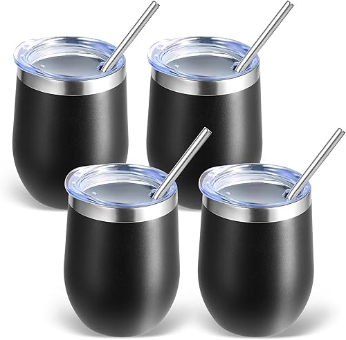 Miniatura 52 de Volhoply - Juego de 12 vasos de vino de 12 onzas con tapa, hechos de acero inoxidable con aislamiento al vacío de doble pared, vasos de vino sin