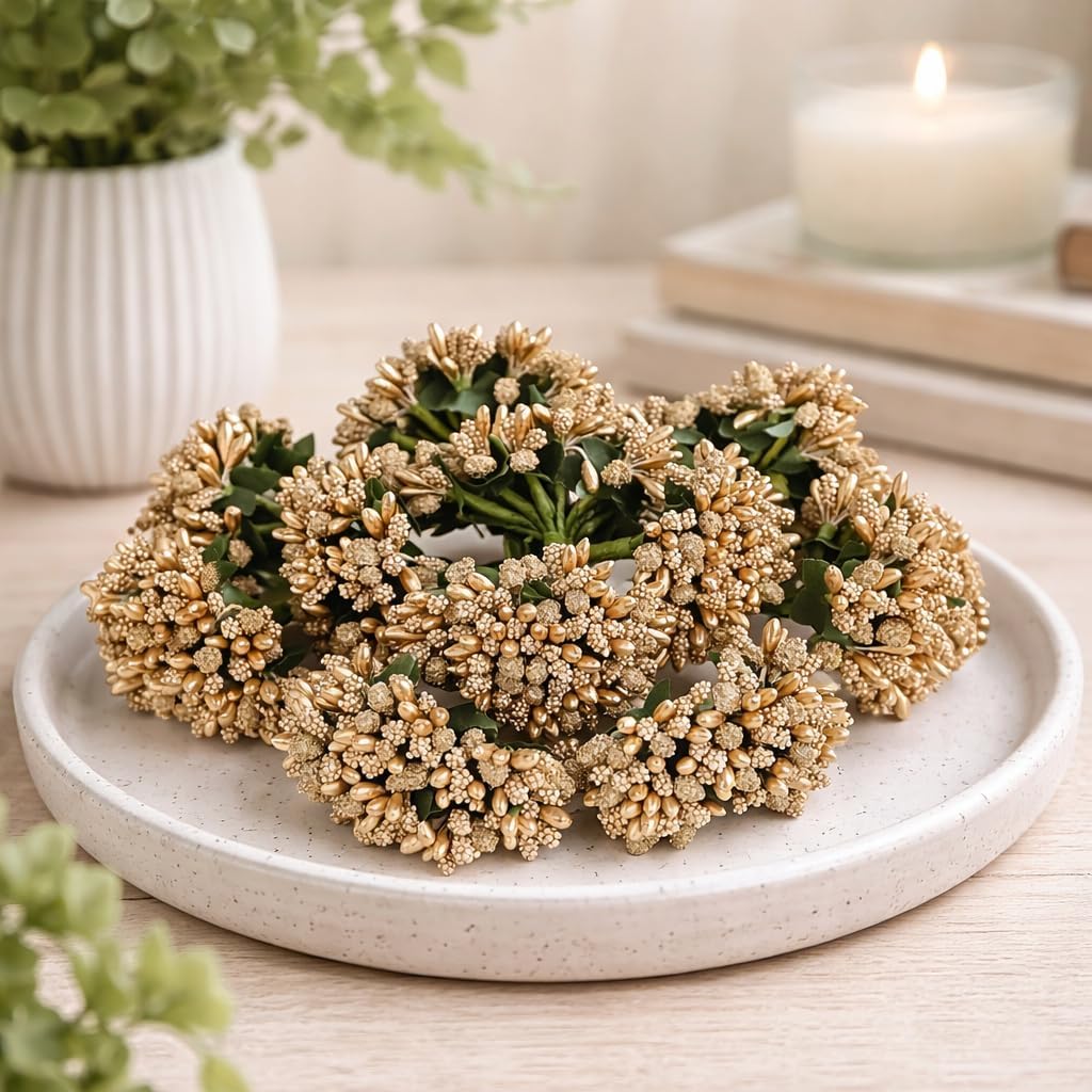 SATYAM KRAFT 12 Bunch Decorative Artificial Gold Pollen Flower Perfect for Tiara, Wedding Jewelry & DIY Making Flowers for Bouquet, Hamper, Trousseau Decoration Items(12 Bunch of 12 Pollen Each)-image-16