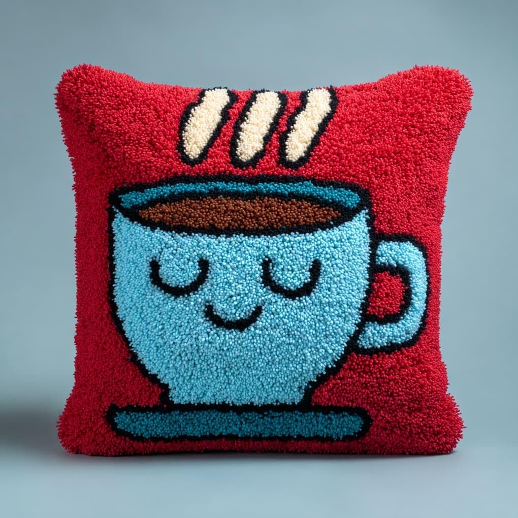 Henypt DIY Latch Hook Cushion Cover Kit 43x43cm,Cartoon Smiley face Coffee Cup Full Accessories Yarn Craft Set,Ideal Gift for Adults,Kids & Craft Enthusiasts