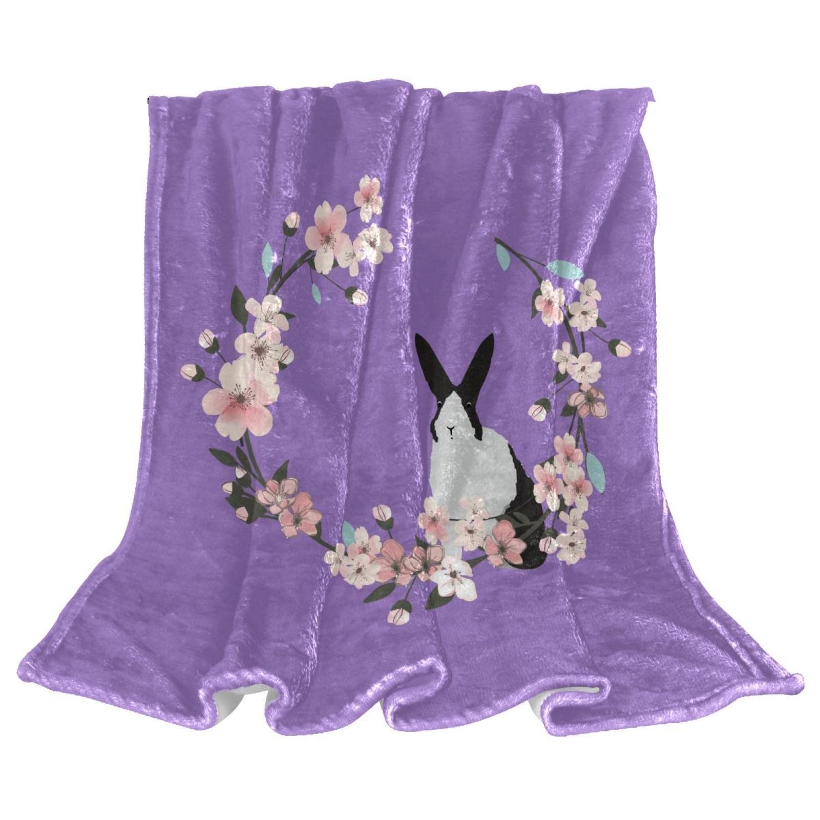 Couverture polaire lapin violet et fleurs de cerisier doux
