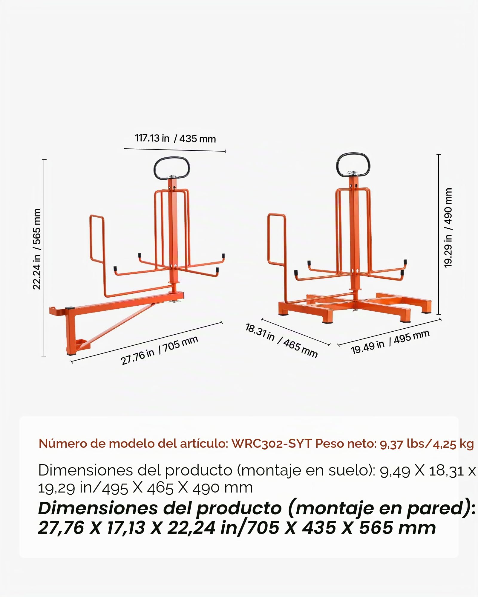 VEVOR Dispensador de Cables para Montaje en Suelo o Montante, Portacarretes de Alambre con Asa Metálica Antideslizante para Transporte de Cableado y Ojal Giratorio para Uso Eléctrico, Industrial