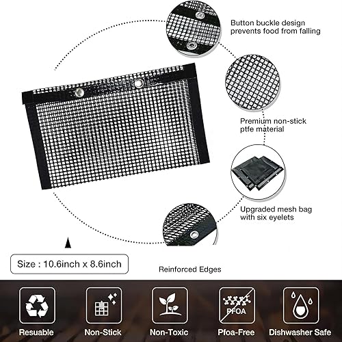 Miniatura 5 de Paquete de 2 bolsas de malla para barbacoa, bolsas reutilizables de 10.6 x 8.6 pulgadas, bolsas de barbacoa antiadherentes, para carbón, gas,