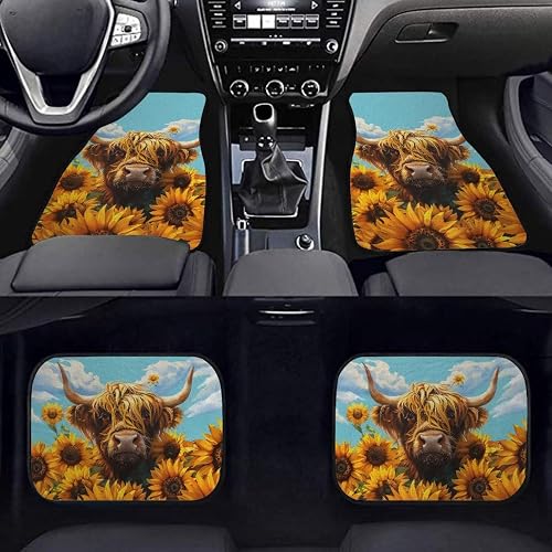 Liuqpwys Sunflower Highland Cow Car Floor Mats Full Set Fashion Driver Seat, Pas