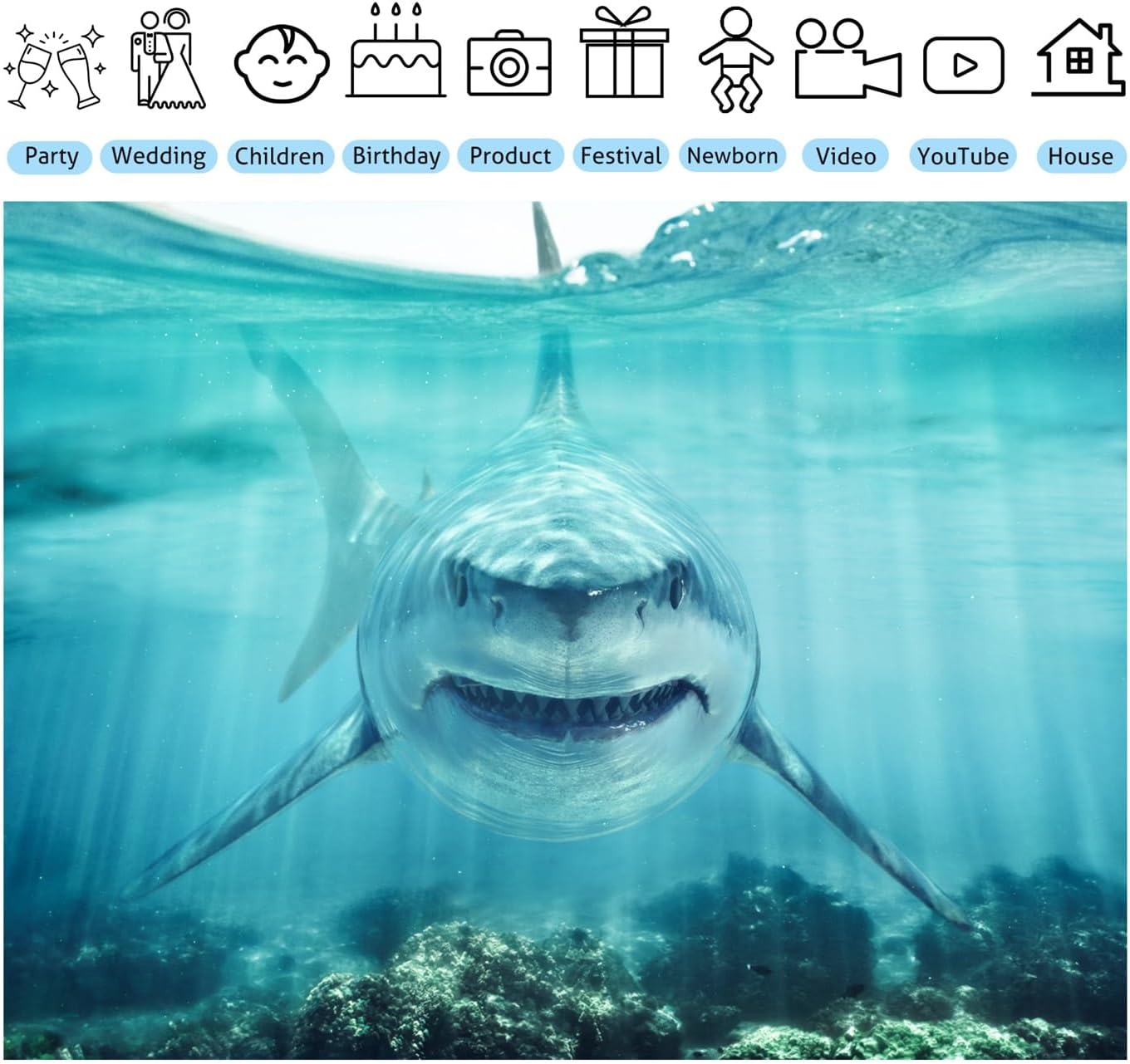 8x6ft Shark Underwater Backdrop, White Shark Ocean Theme Party Decorations, Under The Sea Birthday Banner, Aquarium Background, Kids Photo Booth Props