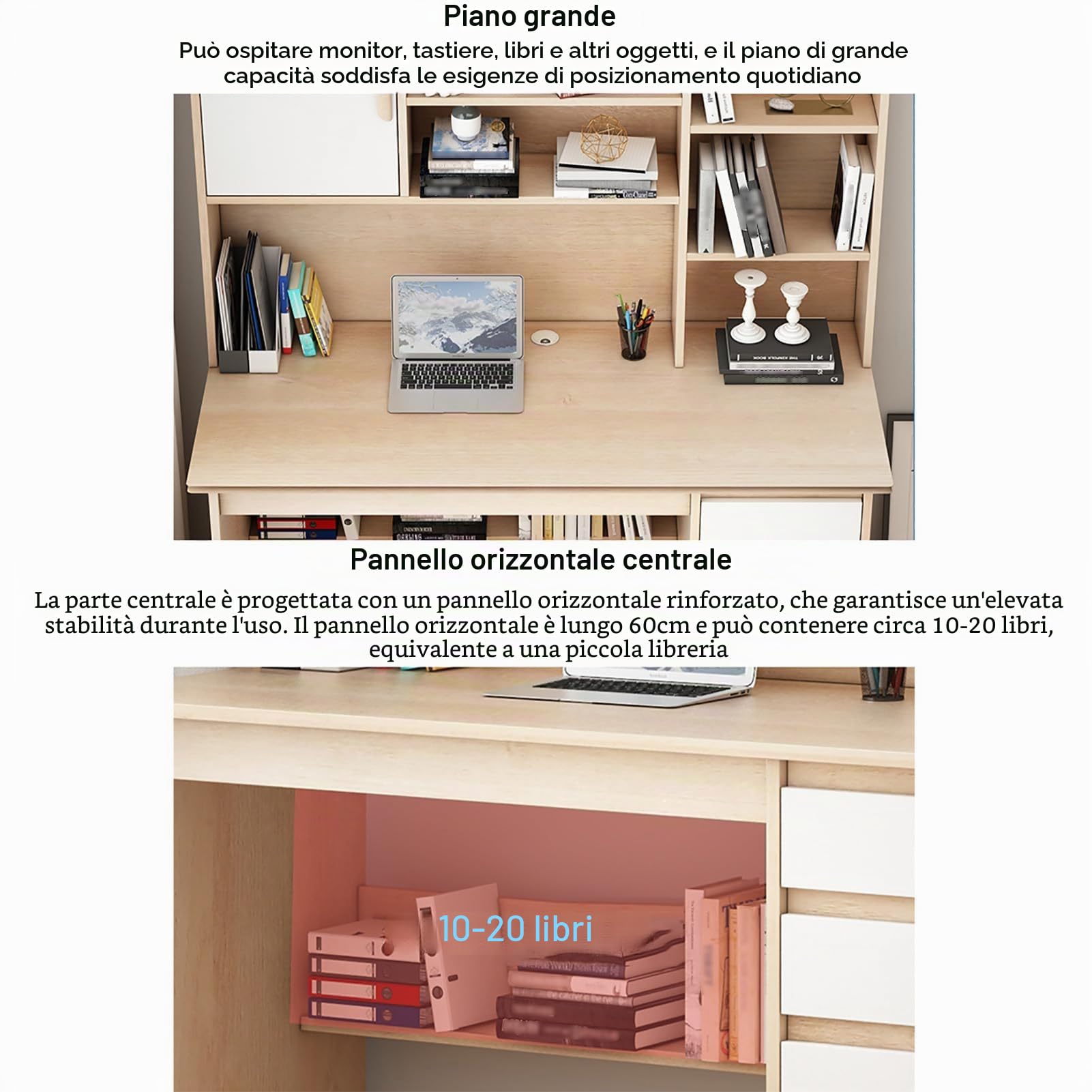 Tavolo da Scrittura Moderna con Ripiano, Tavolo da Studio Postazione di Lavoro con Credenza e Libreria, Scrivania per Computer in Legno con Cassetti per Casa/Ufficio