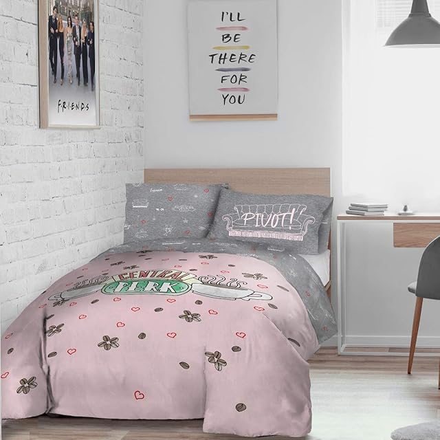 Warner Brothers Friends Central Perk Reversible Duvet Cover and Pillowcase Set-Double (200cm x 200cm), Polyester, Pink Grey