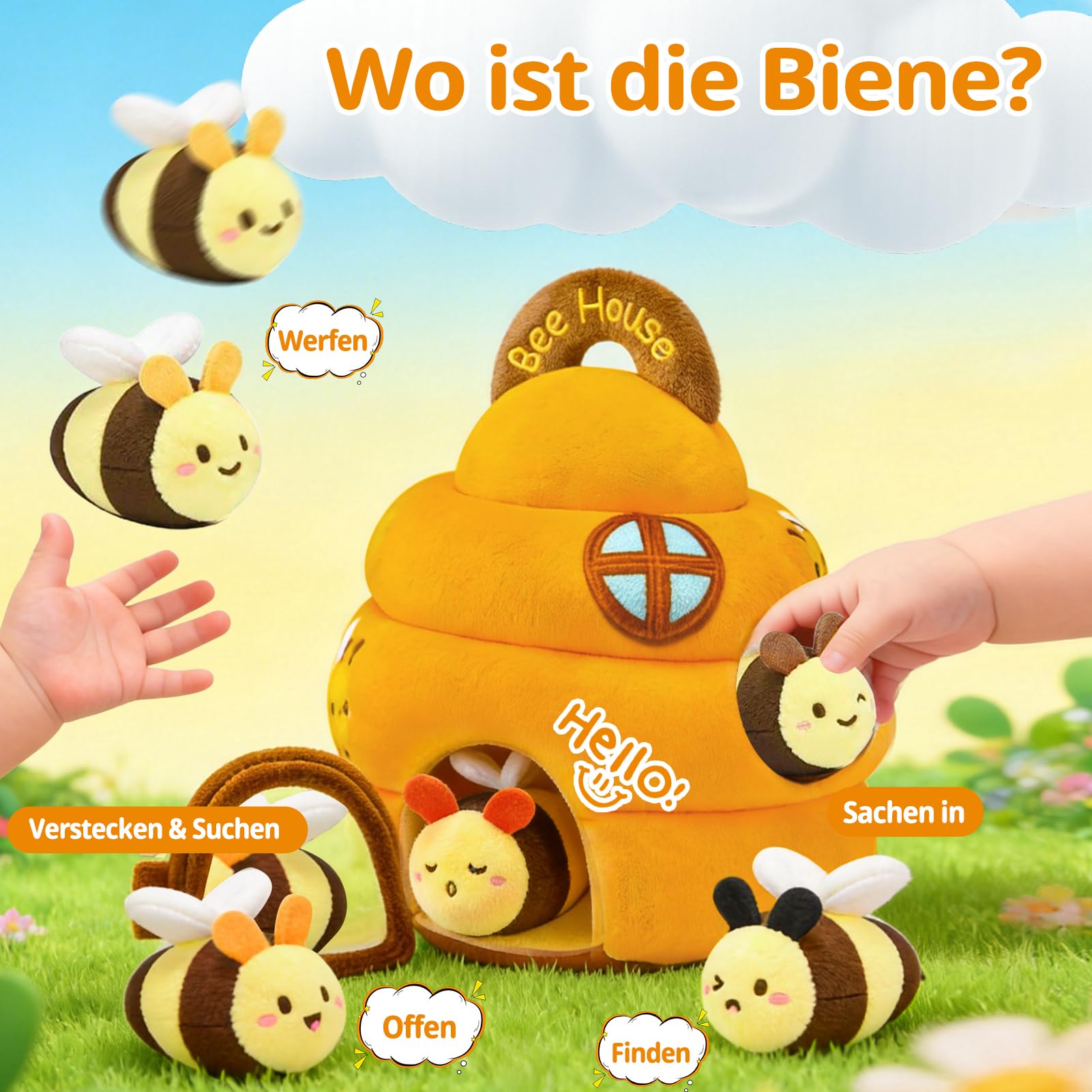 Giocattoli per bambini 6-12 mesi, alveare con 5 api giocattolo, montessori sensoriale giocattolo con musica, sonaglio, specchio, giochi educativi per bambini e giocattoli motorie, regali per bambini 1