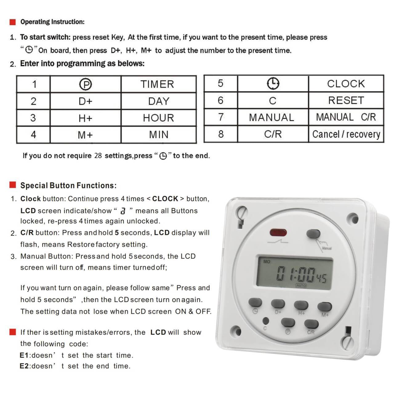 BAOMAIN CN101A cyfrowy programator czasowy 12 V DC/AC z wodoszczelną pokrywą ochronną, programowalny przekaźnik czasowy 16 A, wyświetlacz LCD, do obciążeń 220 V-250 V AC, tygodniowy programator