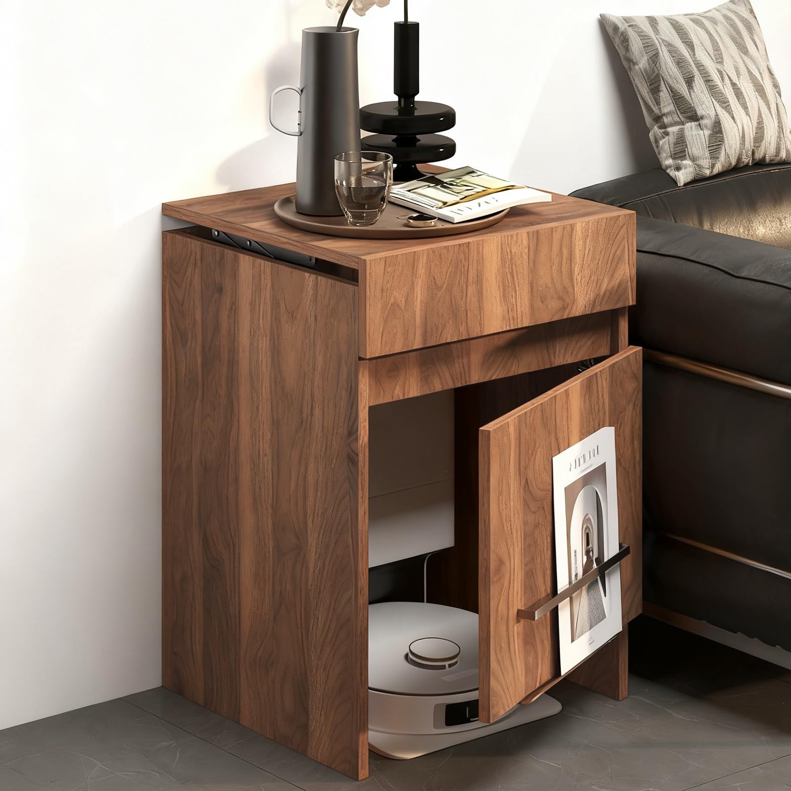 MESCXTY Sweeping Robot Vacuum Hidden Cabinet, Wood Storage Cabinet with Doors and Drawers for Cleaner, Easy to Change Water Living Room/Bedroom/Kitchen(Brown)