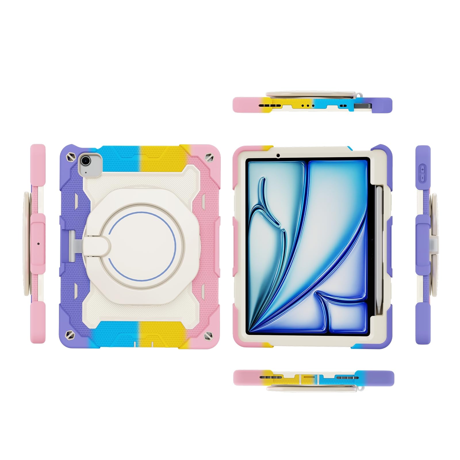 YIMICO for iPad Air 2024 11inch (M2) case for Kids Boys,with Pencil Holder,Shockproof Rugged Protective Cover with 360 Stand (Rainbow Pink, iPad Air 2024 11inch (M2))