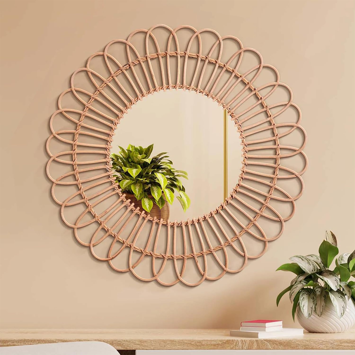 American Art Decor Round Decorative Wall Mirror - Boho Woven Rattan Mirror - Small Hanging Accent Mirror for Living Room, Bedroom, Kitchen, Bathroom, Entryway & More (25")