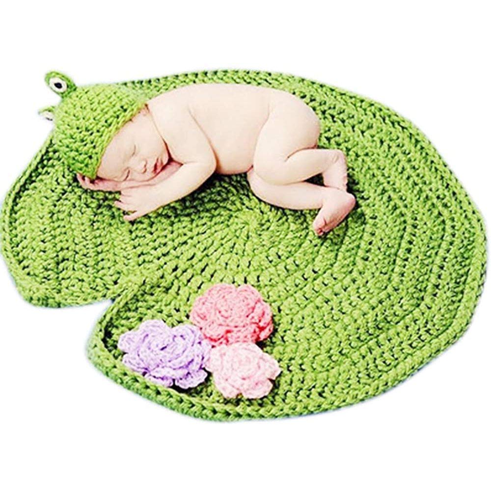 Newborn Baby Photo Shoot Props Boys Girls Crochet Knitted Hat Cute Frog Beanie Cap and Lotus Leaf Blanket Photography Props