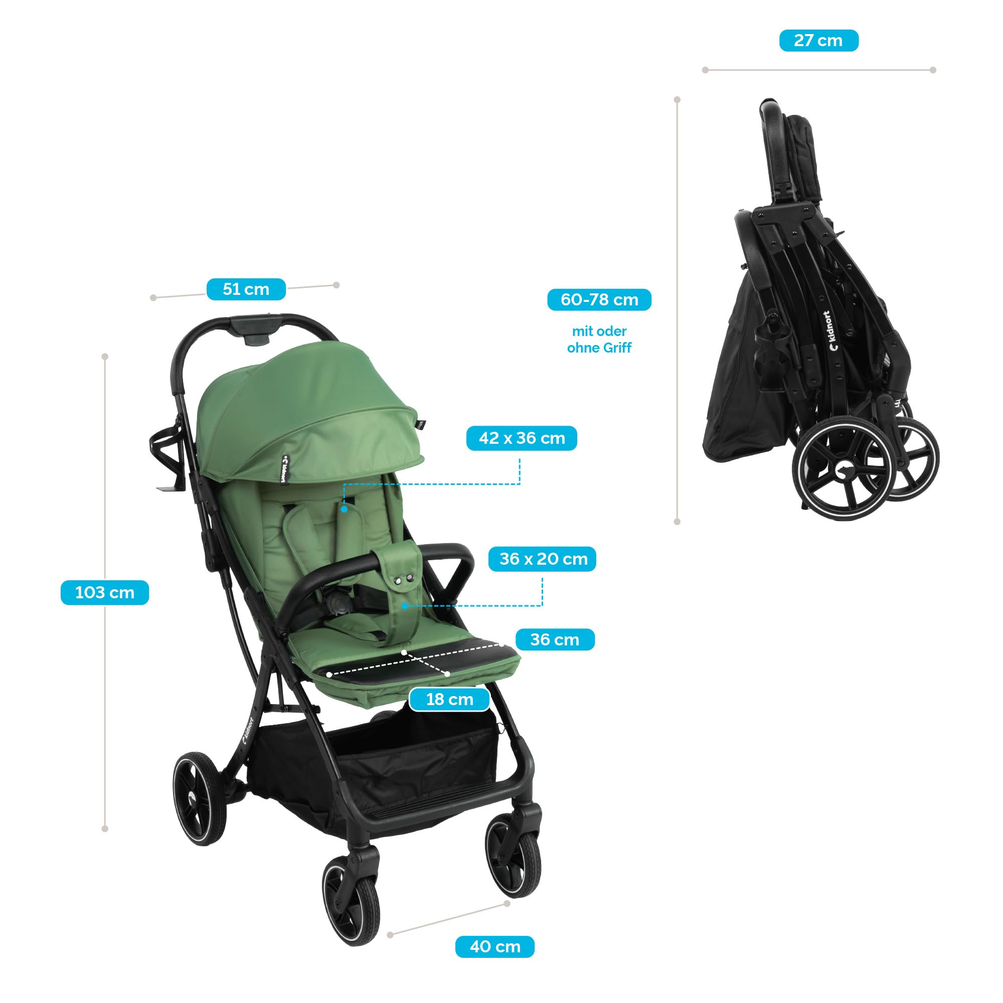 Fjällräv Buggy leicht faltbar ab Geburt bis 22 kg mit Liegefunktion, 5-Punkt-Gurt, verstellbarer Rückenlehne und Fußstütze, Belüftungsfenster, Zubehörset Grün