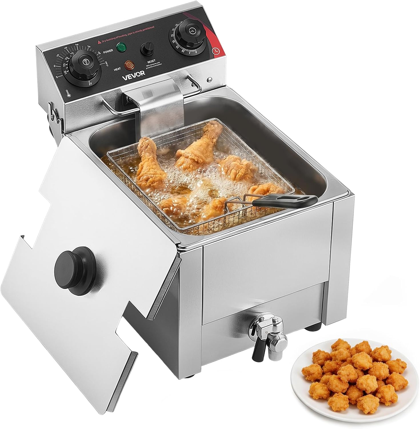 VEVOR Commercial Electric Deep Fryer, Oil Filtration Upgrade, 9.51 Qt, 1750W Stainless Steel Countertop Fryer with Basket and Lid, Temp Control, Oil Drain Valve for Commercial Restaurant Use, Silver