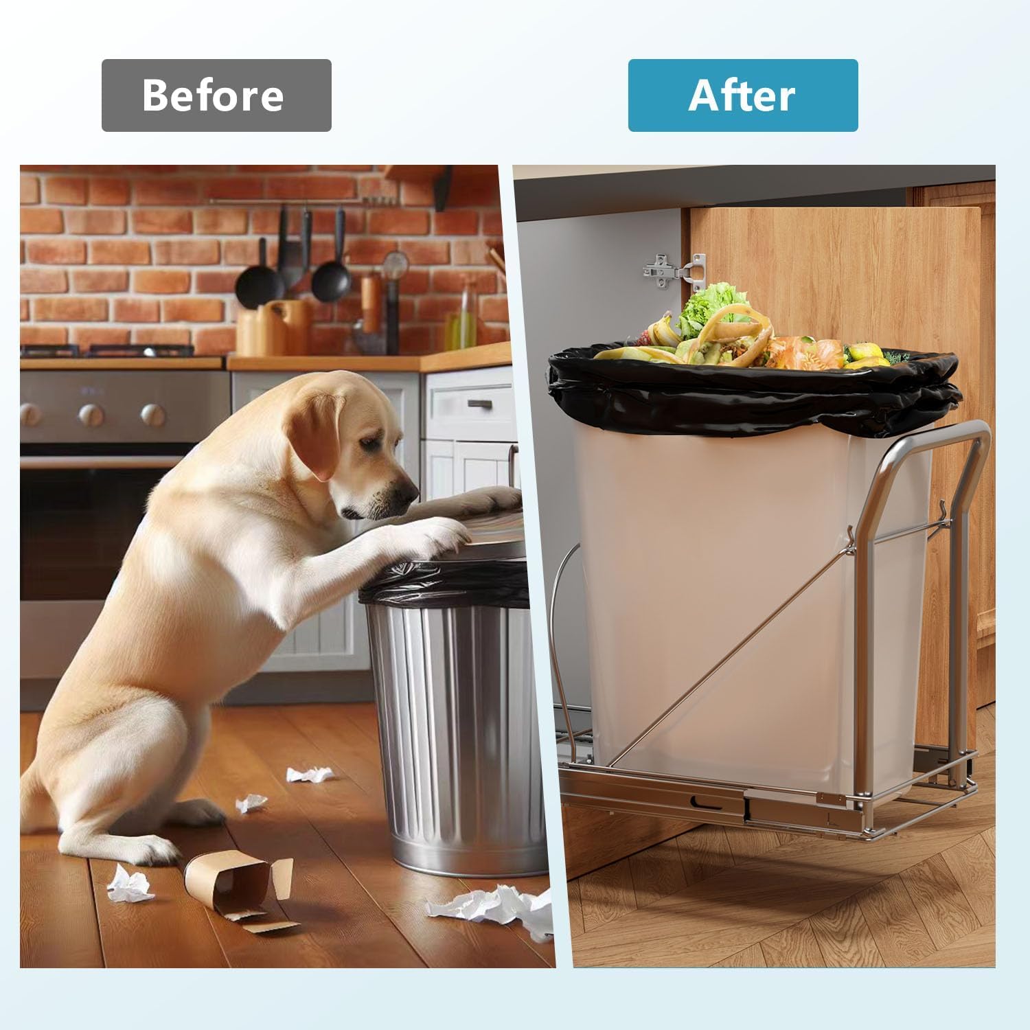 Pull Out Trash Can Under Cabinet with Soft-Close Slides，Heavy Duty Slide Out Under Sink Garbage Can for Kitchen，Adjustable Tail Groove for Can，Requires 13" W X 18" D Cabinets,(Not Included Trash Can)