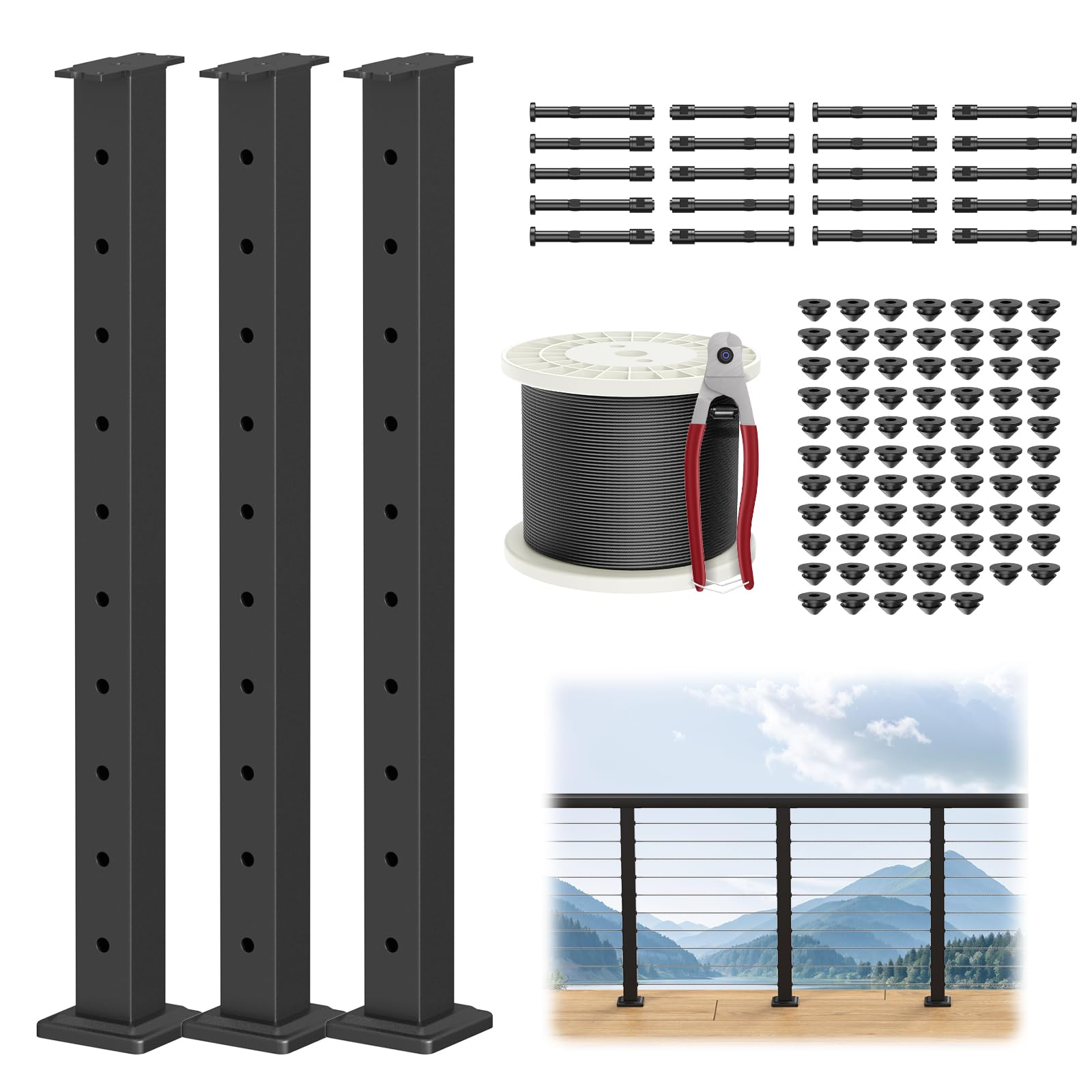 blika complete set 36" cable railing post kit(post 35"x2"x2"), black level drilled cable railing post, swageless deck railing system kit include 3pack level posts,1/8" stainless cable(no handrail)