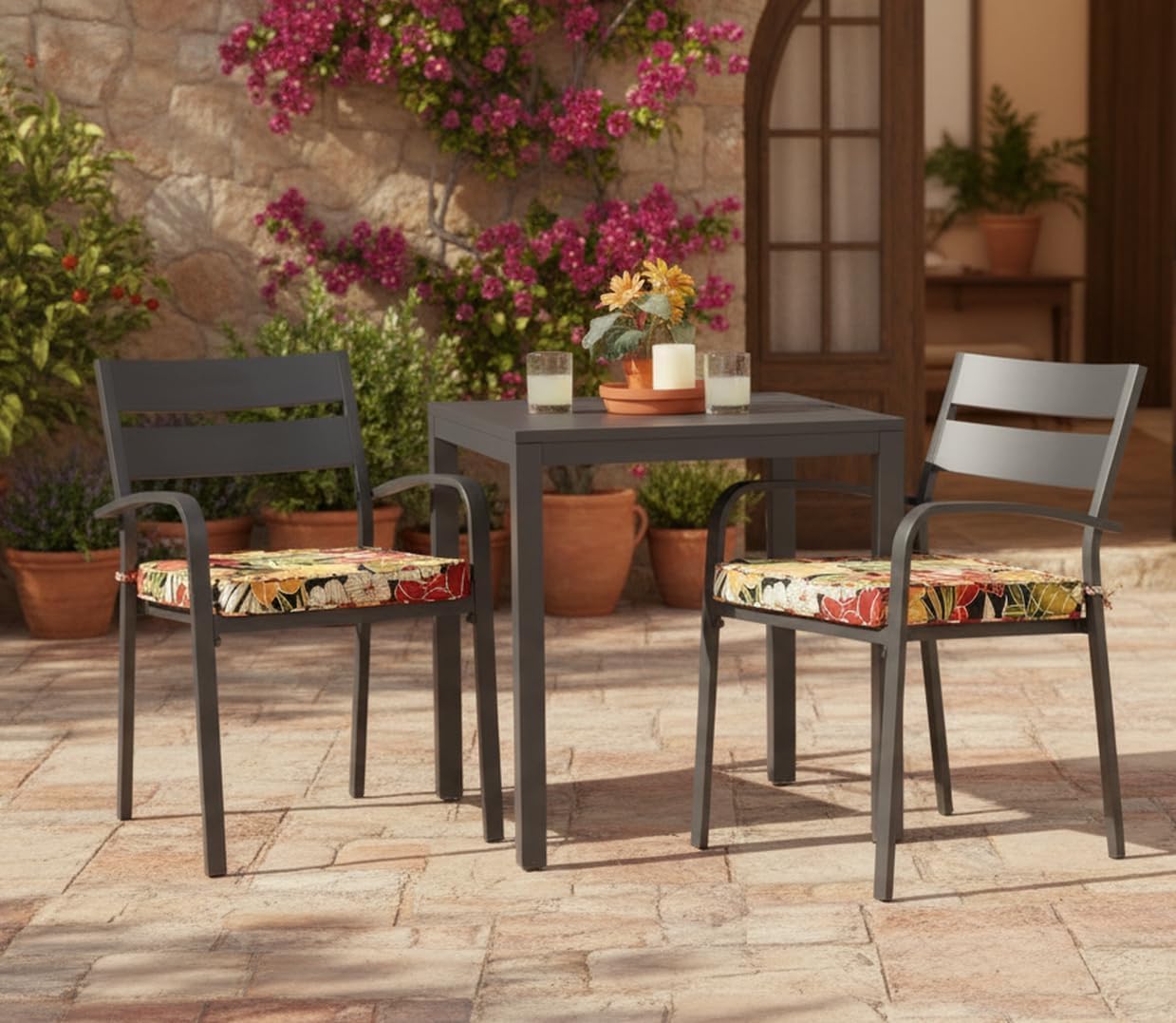 Outdoor 18 inch Square Patio Dining Chair Pads – Comfortable Fiber-Filled Seat Cushions with Ties, Reversible Polyester Fabric - Aloha Black Floral, Set of 2