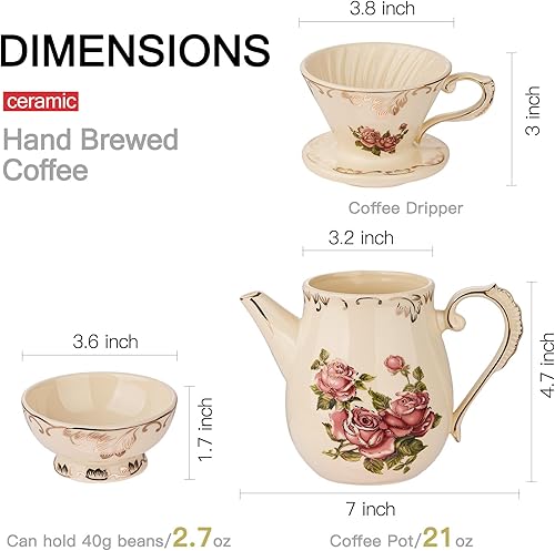 Miniatura 2 de YOLIFE Floarl - Juego de gotero de café, cafetera de cerámica con diseño de cono, 1 taza, regalo para mujeres (rosa)
