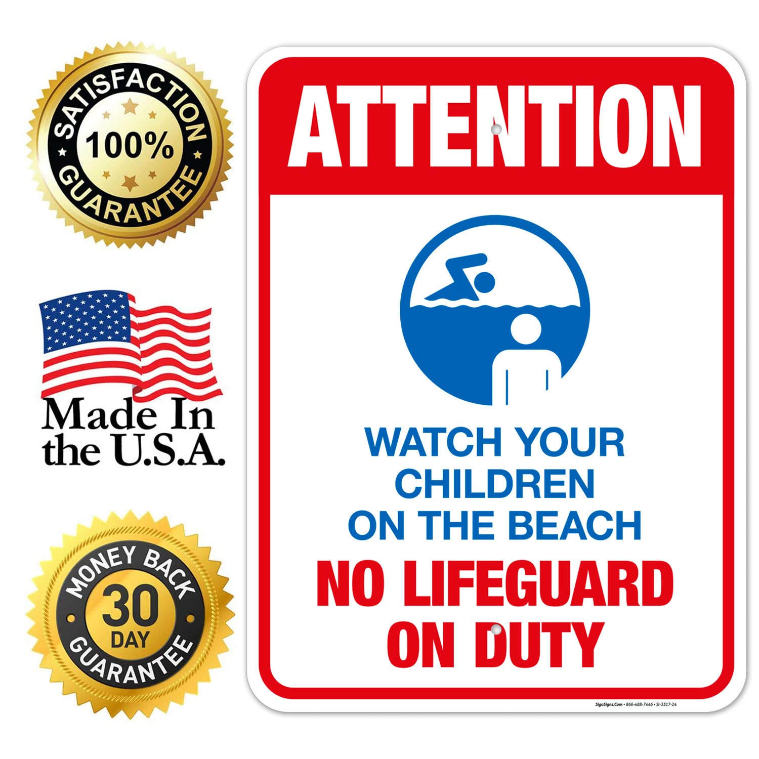 Attention Watch Your Children On The Beach No Lifeguard On Duty Sign, 18x24 Inches, Rust Free .063 Aluminum, Fade Resistant, Indoor/Outdoor Use, Made in USA