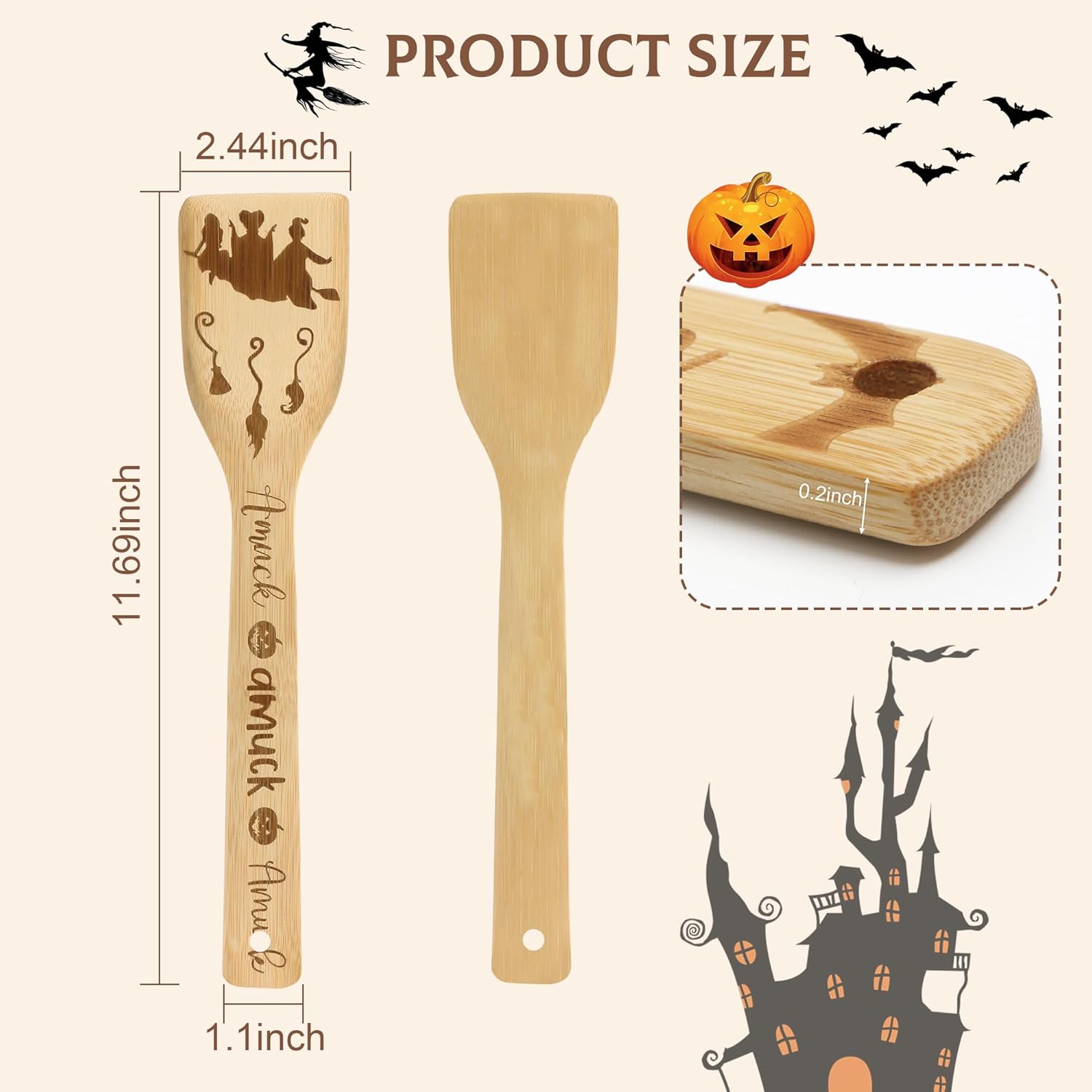 6PCS Witch Theme Wooden Cooking Spoons Set, Halloween Witchy Spoon Carve Burned Bamboo Cookware Gadget Kit Non-Stick Cooking Utensils for Family Friends Birthdays Housewarming Presents