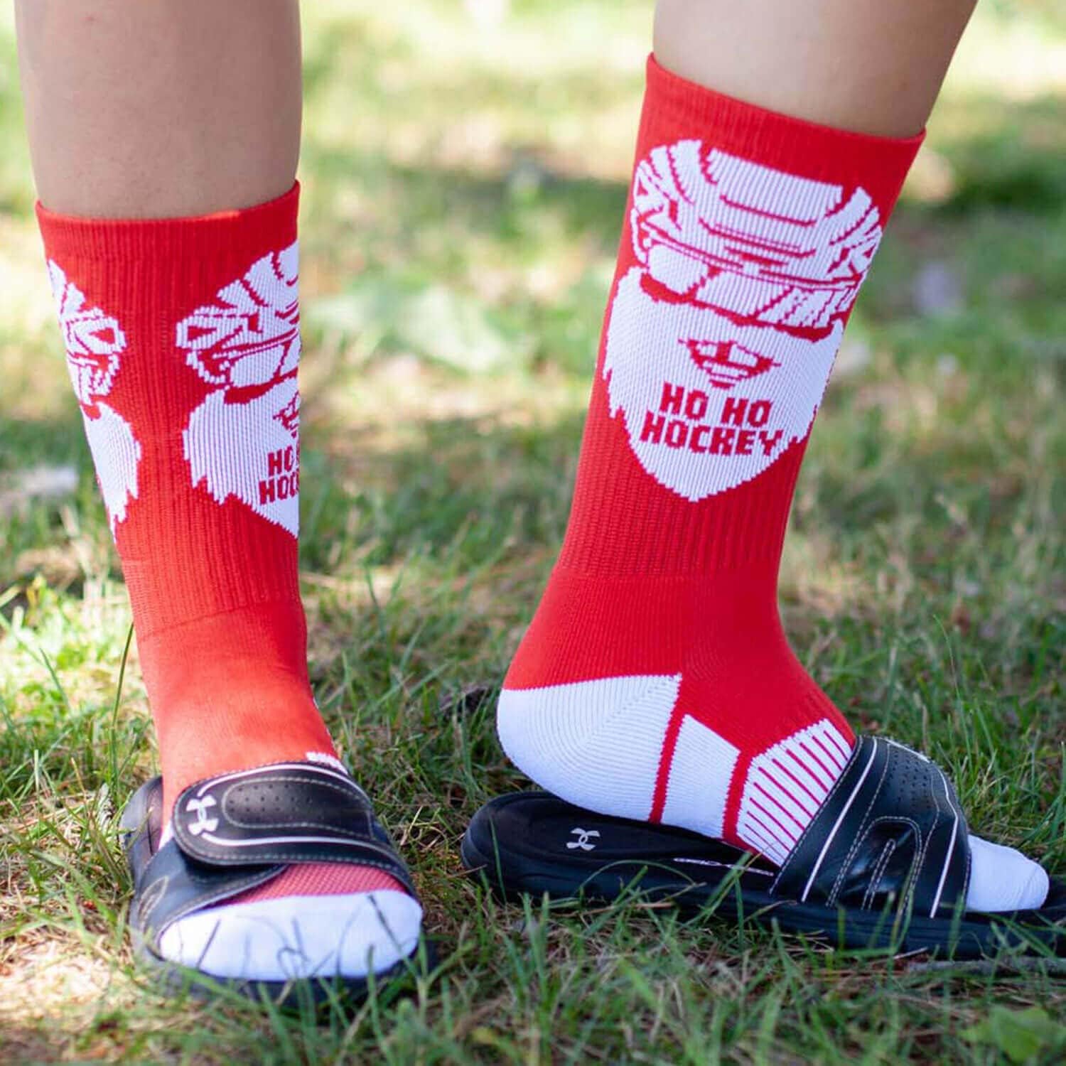 ChalkTalkSPORTS Christmas Hockey Socks - Mid Calf - Ho Ho Hockey - Adult | Moisture-Wicking Performance Blend, Athletic Hockey Gear, Stay-Up Technology, Arch Support, Breathable, Boys and Men