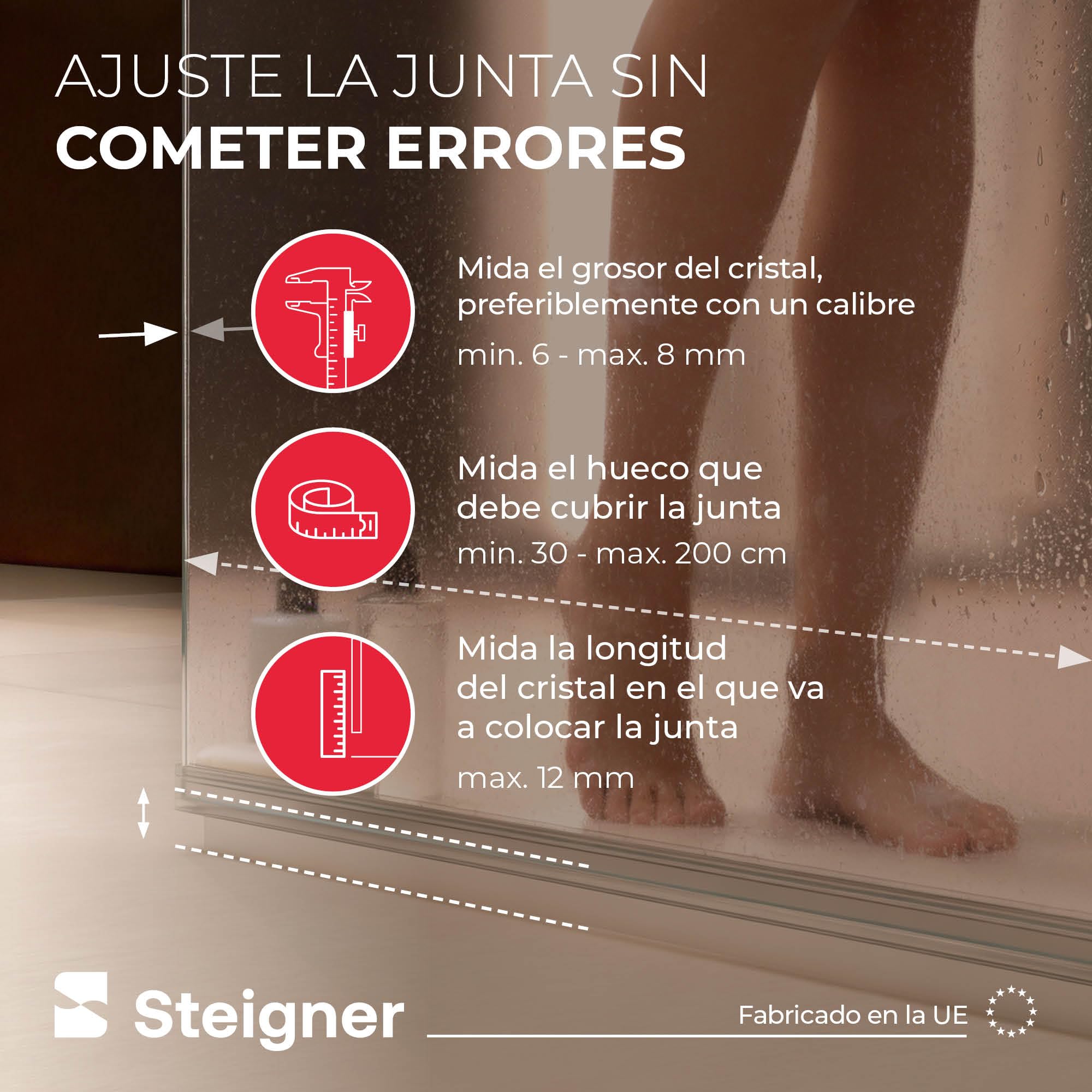 STEIGNER Junta mampara ducha UK03 80 cm (1 ud.) transparente - Junta vertical para ducha angular o pentagonal con puerta 6-8 mm - Protección contra fugas, Ajuste perfecto, Fácil instalación